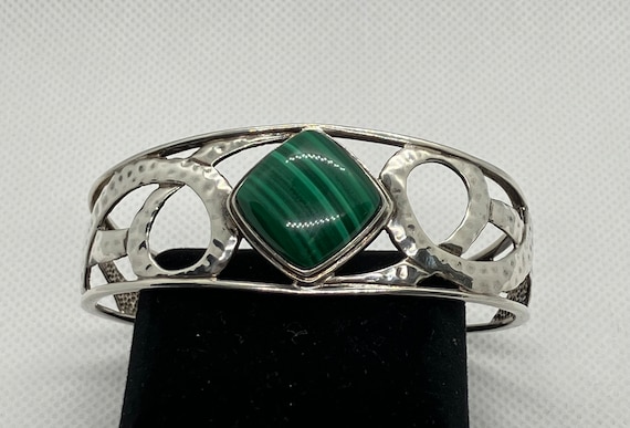 Estate 925 Silver Malachite Cuff Bracelet Stamped… - image 1