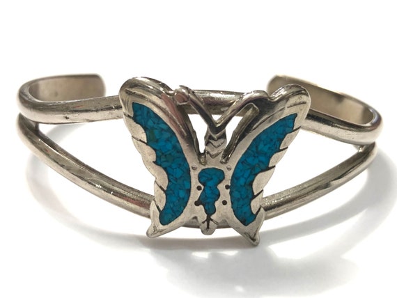 Vintage Turquoise Chip Inlay Butterfly Cuff Brace… - image 7