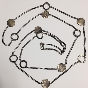 Estate 925 Silver Hammered Disc Long Chain Necklace