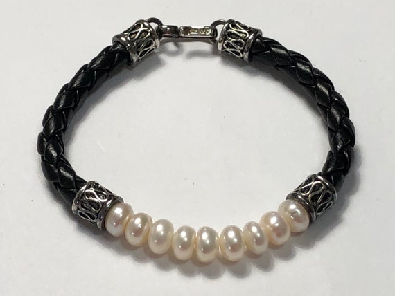 Estate 925 Silver Freshwater Pearl & Leather Brac… - image 1