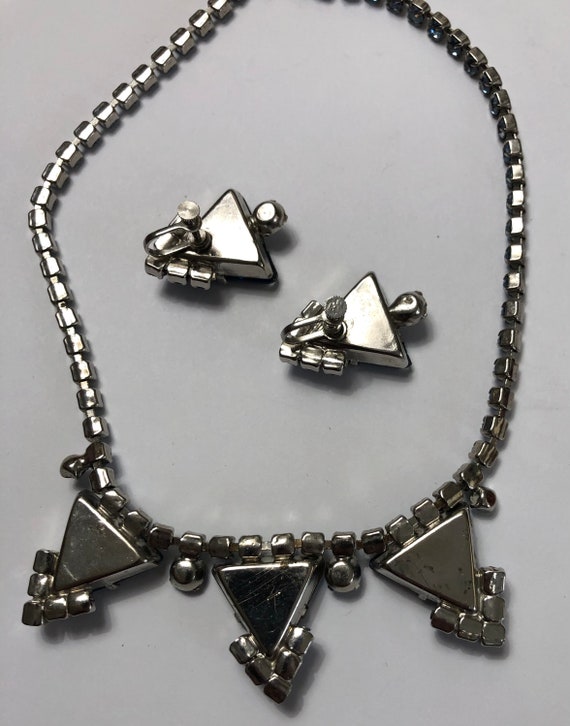 Vintage Triangular Blue Rhinestone Necklace & Ear… - image 4