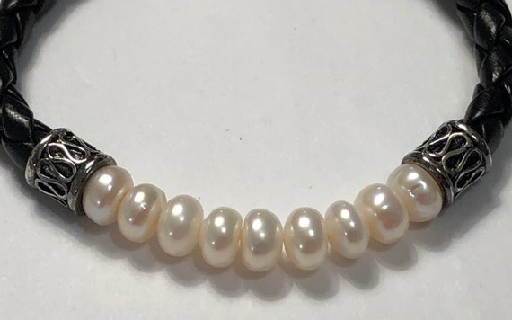 Estate 925 Silver Freshwater Pearl & Leather Brac… - image 3