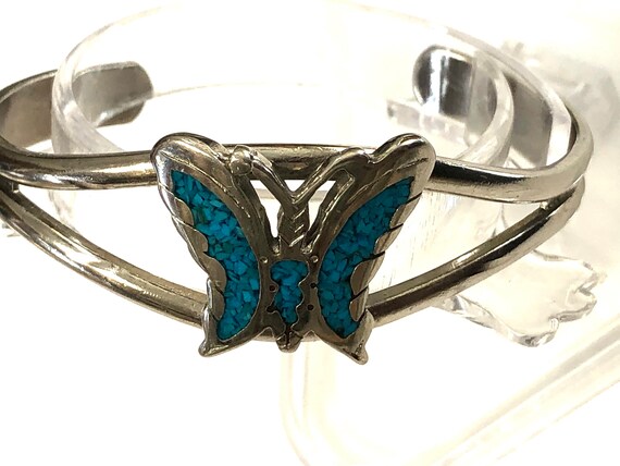 Vintage Turquoise Chip Inlay Butterfly Cuff Brace… - image 3