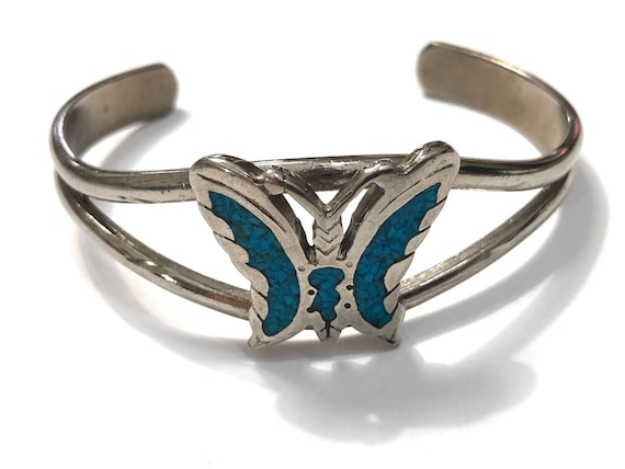 Vintage Turquoise Chip Inlay Butterfly Cuff Brace… - image 1