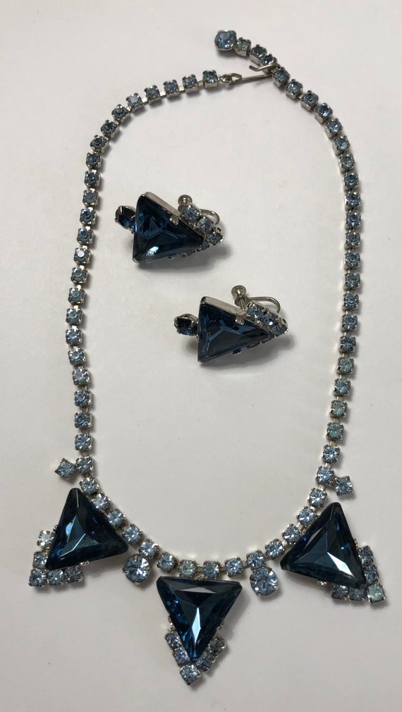 Vintage Triangular Blue Rhinestone Necklace & Ear… - image 3