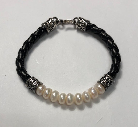 Estate 925 Silver Freshwater Pearl & Leather Brac… - image 2