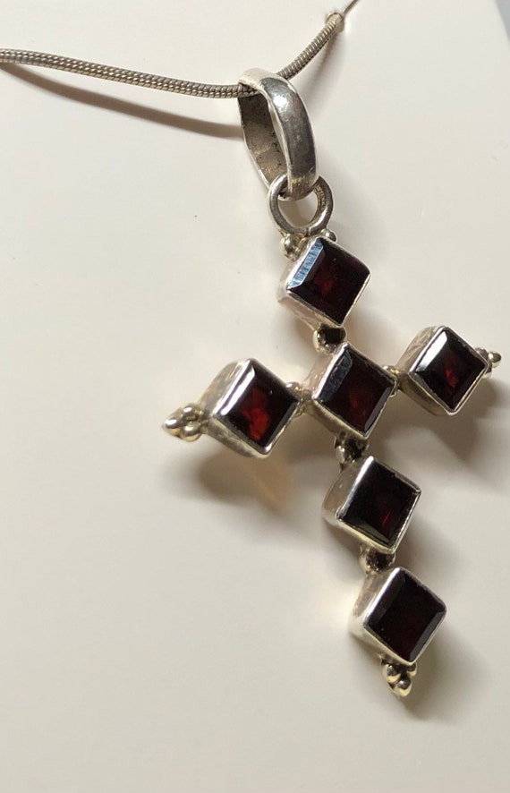 Estate 925 Silver & Garnet Cross Necklace