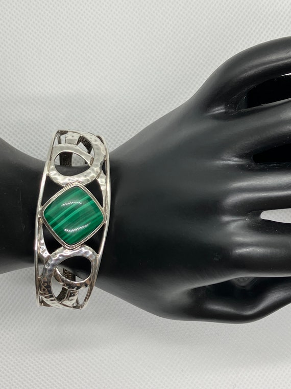 Estate 925 Silver Malachite Cuff Bracelet Stamped… - image 4