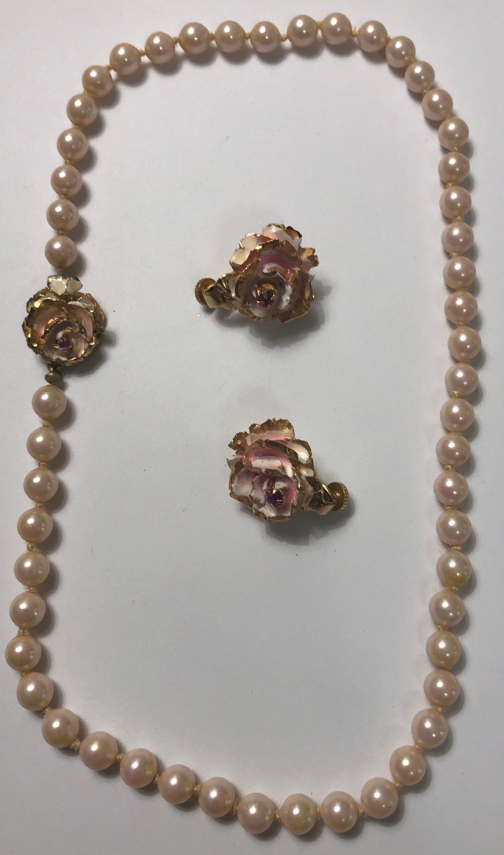 Estate Vendome Faux Pearl Rose Necklace & Matching Clip-on Earrings