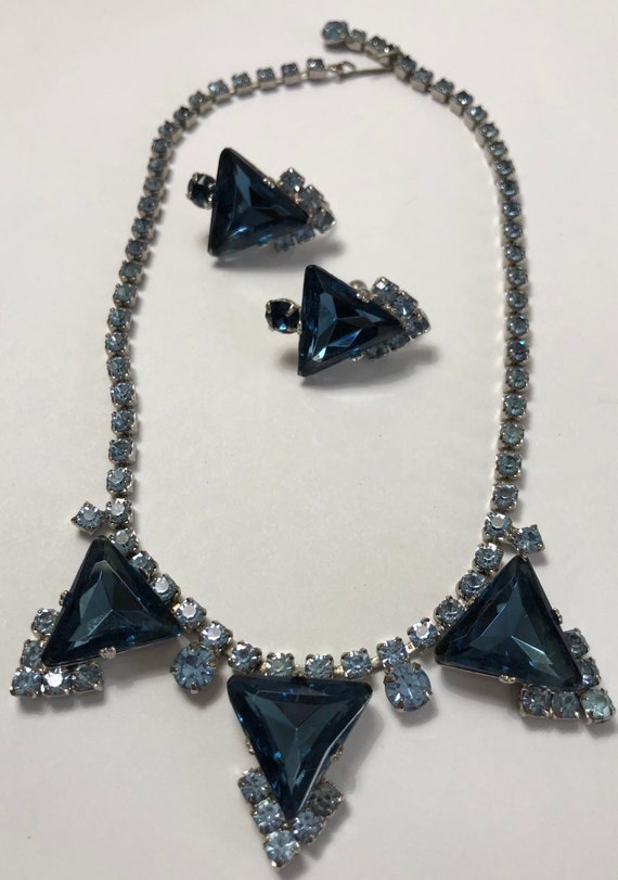 Vintage Triangular Blue Rhinestone Necklace & Ear… - image 2