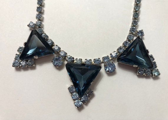 Vintage Triangular Blue Rhinestone Necklace & Ear… - image 1