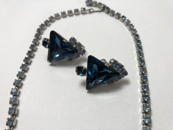 Vintage Triangular Blue Rhinestone Necklace & Ear… - image 5