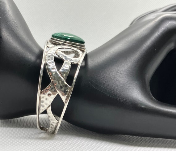 Estate 925 Silver Malachite Cuff Bracelet Stamped… - image 2
