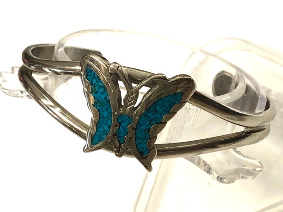 Vintage Turquoise Chip Inlay Butterfly Cuff Brace… - image 5