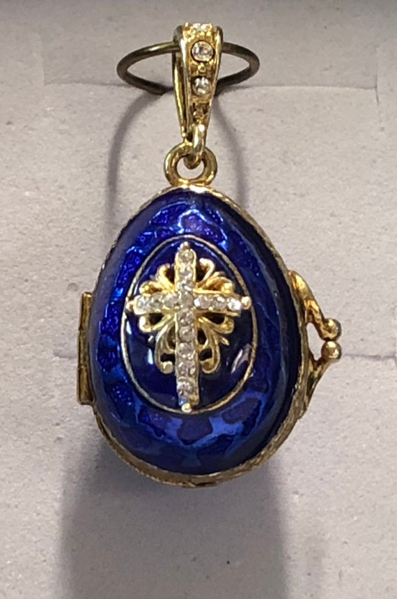 Estate Swarovski Crystal Blue Enamel Guilloche Egg