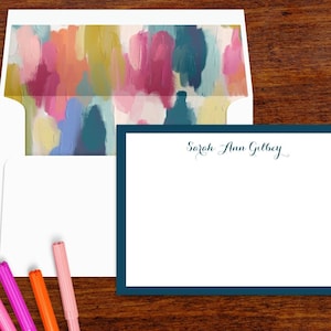 Monogramme ou ensemble de cartes de notes de papeterie personnalisées | Enveloppes doublées assorties avec motif coloré abstrait | Ensemble stationnaire de 10