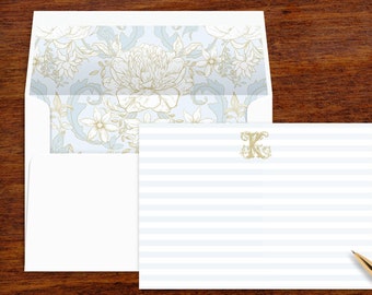 Subtle Stripe Monogram Personalized Stationery Note Card Set with Gold Antique Font | Blue & Gold French Toile Lined Envelopes | Set of 10