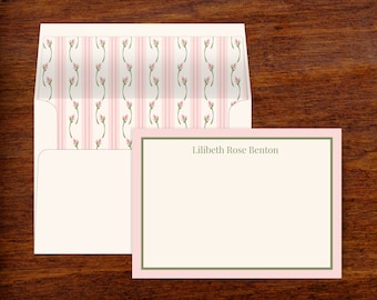 Pink Rosebud Custom Stationery Personalized | Set of 10 Note Cards with Lined Envelopes | Thank You Notes | Correspondence Cards