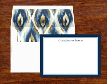 Personalized Stationery Set | Blue Ikat Envelope Liner, Custom Note Cards