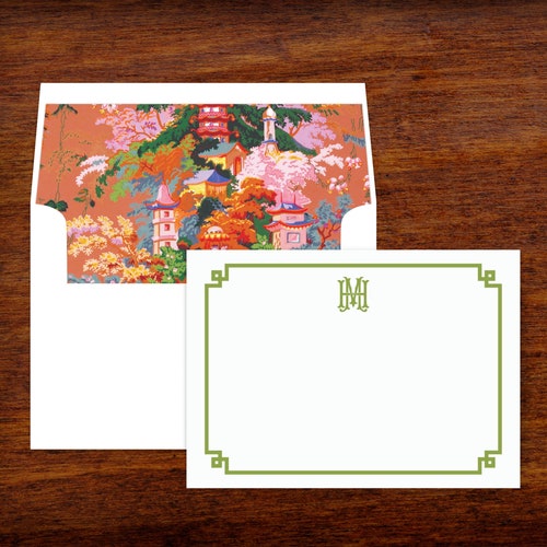Papeterie personnalisée chinoiseries | Cartes de correspondance personnalisées | Papeterie monogramme avec enveloppes lignées | Remerciements | Lot de 10