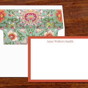 Personalized Stationery Set | Floral Lined Envelopes, Orange Frame