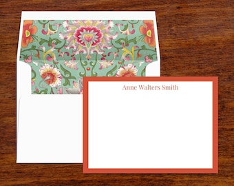 Personalized Stationery Set | Floral Lined Envelopes, Orange Frame