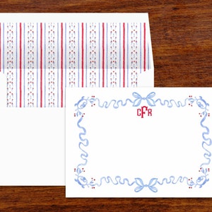 Ensemble de papeterie personnalisée ruban rouge et bleu | Cartes de correspondance personnalisées | Papeterie monogramme avec enveloppes lignées | Notes de remerciement | Lot de 10