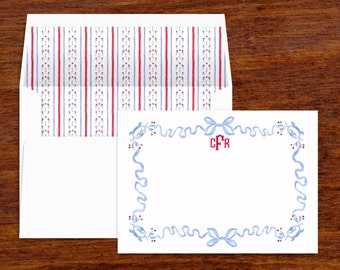 Red and Blue Ribbon Custom Stationery Set | Personalized Note Cards | Monogram Stationary with Lined Envelopes | Thank You Notes | Set of 10