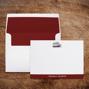 Red Mens Boys Personalized Stationery Note Cards Antique Illustration Ship Nautical with Lined Envelopes