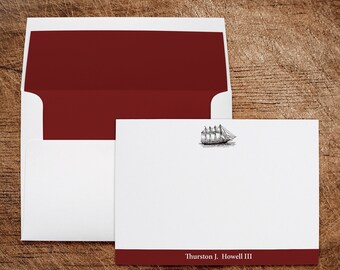 Red Mens Boys Personalized Stationery Note Cards Antique Illustration Ship Nautical with Lined Envelopes