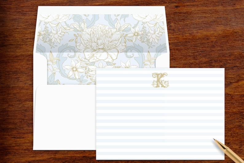 Subtle Stripe Monogram Personalized Stationery Note Card Set With Gold ...