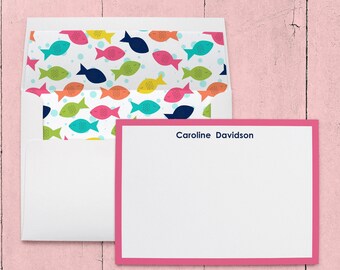 Kids Personalized Stationery | Fish Note Cards with Lined Envelopes | Set of 10 | Customized with Name | Beach Theme Cards | Kids Birthday