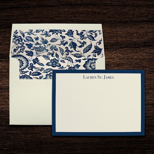 Floral Toile Navy Monogram Personalized Stationery Note Cards with Lined Envelopes | Ladies Thank You Notes | Set of 10