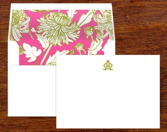 Custom Floral Monogram Stationery Set | Pink Lined Envelopes (Set of 10)