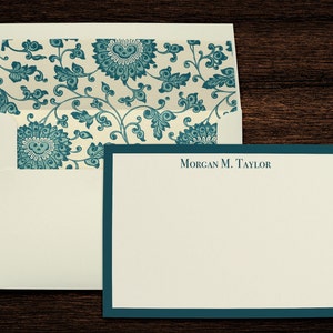 Teal Blue Toile Floral Monogram Personalized Stationery Thank You Note Cards with Lined Envelopes image 1