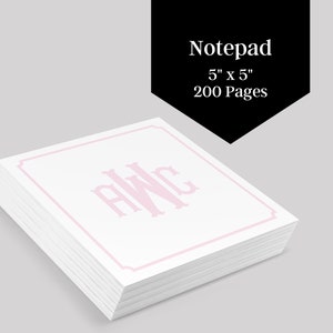 May include: A white notepad with a pink monogram "AWC" in a decorative frame. The notepad is 5 inches by 5 inches and has 200 pages.