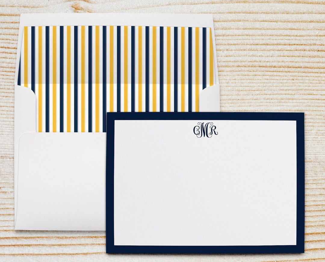 Blue & Gold Yellow Stripe Personalized Stationery Note Cards Etsy