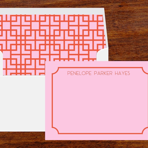 Custom Chinoiserie Style Stationery | Set of 10 | Note Cards with Geometric Pattern Lined Envelopes | Return Address Available