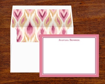 Personalized Stationery Set | Pink Ikat Lined Envelopes, Custom Note Cards