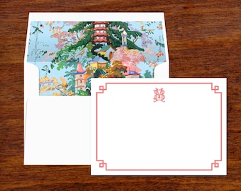 Chinoiserie Custom Stationery | Personalized Note Cards | Monogrammed with Lined Envelopes | Set of 10 | Grand Millennial Thank You Notes