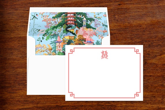 Chinoiserie Custom Stationery | Personalized Note Cards | Monogrammed with Lined Envelopes | Set of 10 | Grand Millennial Thank You Notes