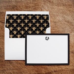 Cartes de correspondance personnalisées monogrammes avec enveloppes assorties Abeille noire et dorée