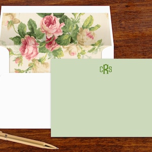 Papeterie personnalisée | Cartes de correspondance plates avec enveloppes doublées de chou rose | Monogramme stationnaire | Notes de remerciement | Lot de 10