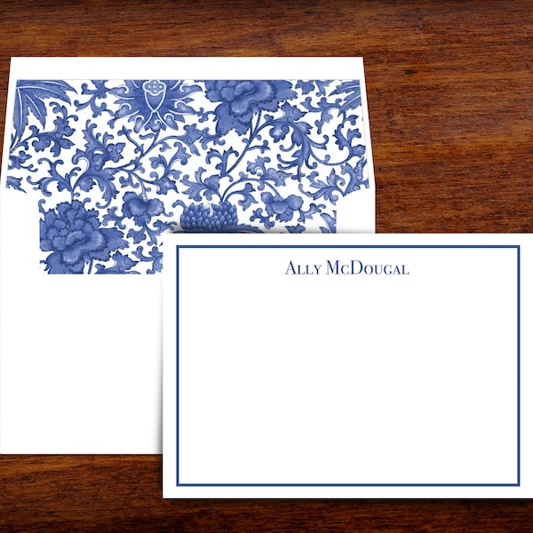 Chinoiserie Toile Blue Willow Monogram Personalized Stationery Note Cards with Lined Envelopes | Set of 10