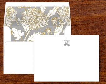Custom Two Letter Monogram Stationery Set | Set of 10 | Gray and Gold Pattern Floral Lined Envelopes | Return Address Printing Available