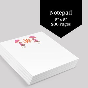 May include: A white notepad with 200 pages, featuring a pink and orange monkey design with the letters "LMA" in orange. The notepad is 5 inches by 5 inches.