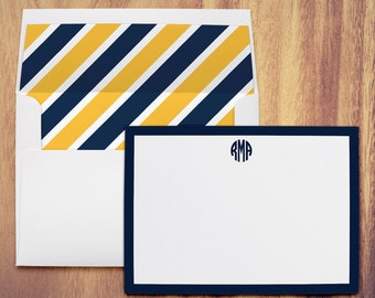 Blue & Gold Men or Teen Boy Guys Striped Personalized Stationery Note Cards with Lined Envelopes