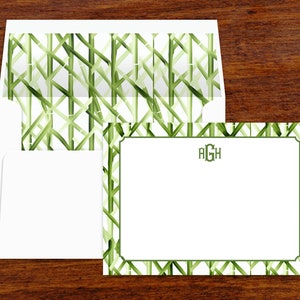 Papeterie personnalisée | Cartes de notes personnalisées Bamboo Chinoiserie | Monogramme stationnaire avec enveloppes doublées | Notes de remerciement | Lot de 10