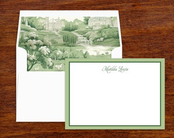 French Toile Custom Stationery | Personalized Note Cards | Thank You Note Stationary with Lined Envelopes | Set of 10 | Green Willow