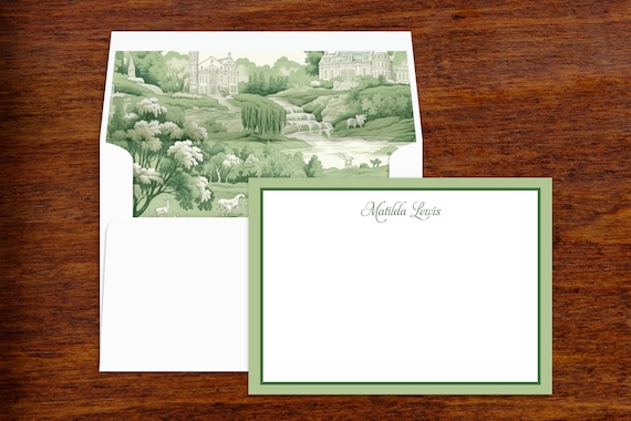 French Toile Custom Stationery | Personalized Note Cards | Thank You Note Stationary with Lined Envelopes | Set of 10 | Green Willow